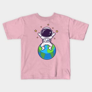 Cute Astronaut Sitting On Earth With Star Cartoon Kids T-Shirt